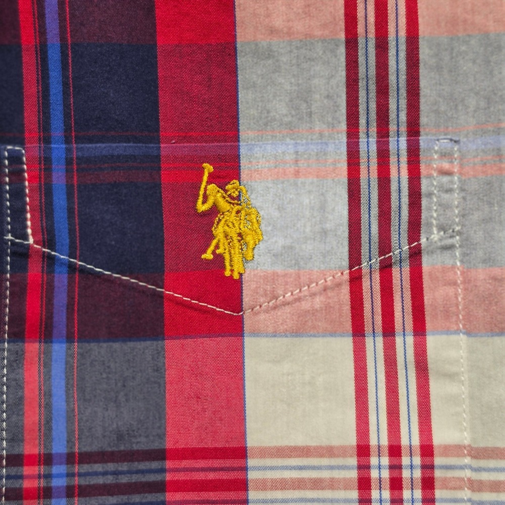 U.S. Polo Assn. Button Down Mens L Red Plaid Excellent Short Sleeve Stretch - Picture 9 of 12